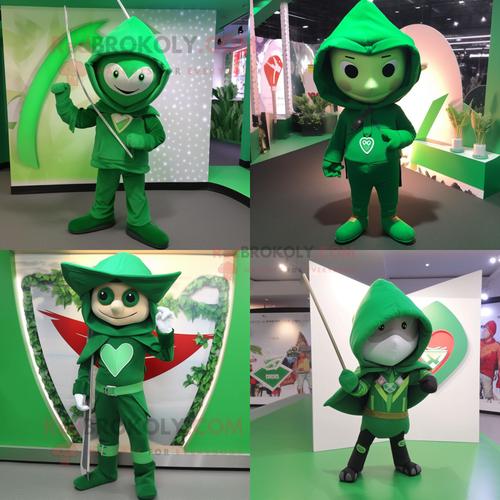 Flèche Verte Du Personnage De Costume De Mascotte Redbrokoly D'amour Habillé Avec Des Épingles À Capuche Et Chapeau