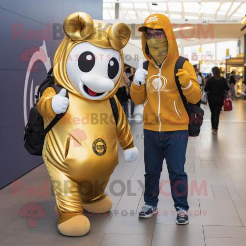 Personnage De Costume De Mascotte Redbrokoly De Fer À Cheval Doré Habillé D'un Sweat À Capuche Et De Sacs À Dos