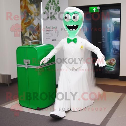 Personnage De Costume De Mascotte Redbrokoly Contorsionniste Vert Forêt Habillé D'une Robe De Mariée Et De Mallettes