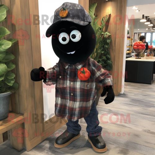 Personnage De Costume De Mascotte Redbrokoly De Tomate Noire Habillé D'une Chemise En Flanelle Et De Cravates