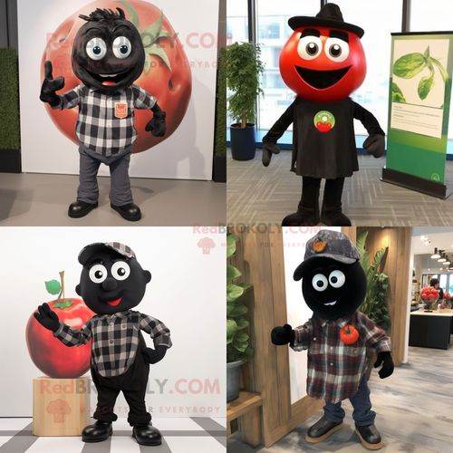 Personnage De Costume De Mascotte Redbrokoly De Tomate Noire Habillé D'une Chemise En Flanelle Et De Cravates