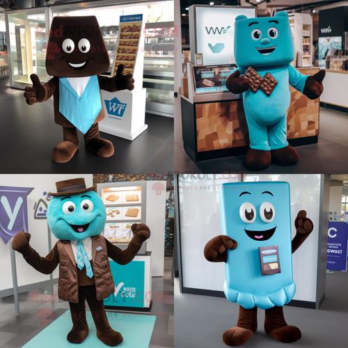 Personnage De Costume De Mascotte Redbrokoly De Barres De Chocolat Cyan Habillé D'un T-Shirt À Col En V Et De Carrés De Poche