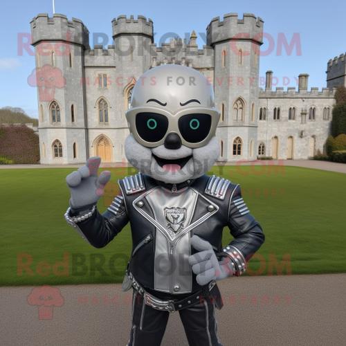 Personnage De Costume De Mascotte Redbrokoly Silver Irish Castle Habillé D'une Veste De Moto Et De Boucles D'oreilles