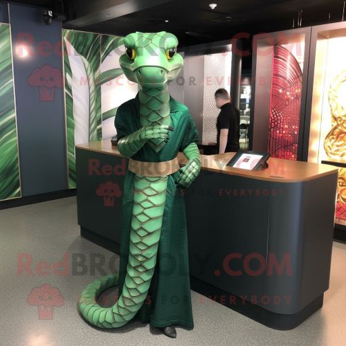 Personnage De Costume De Mascotte Redbrokoly De Python Vert Forêt Habillé D'une Robe Trapèze Et De Montres Bracelet
