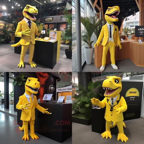 Personnage De Costume De Mascotte Redbrokoly De T Rex Jaune Habillé Avec Une Veste De Costume Et Des Porte-Clés