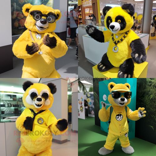 Personnage De Costume De Mascotte Redbrokoly D'ours À Lunettes Jaune Citron Habillé D'une Barboteuse Et De Bracelets