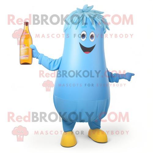 Personnage De Costume De Mascotte Redbrokoly De Bouteille De Moutarde Bleu Ciel Habillé Avec Un Jean Maman Et Des Pinces À Cheveux