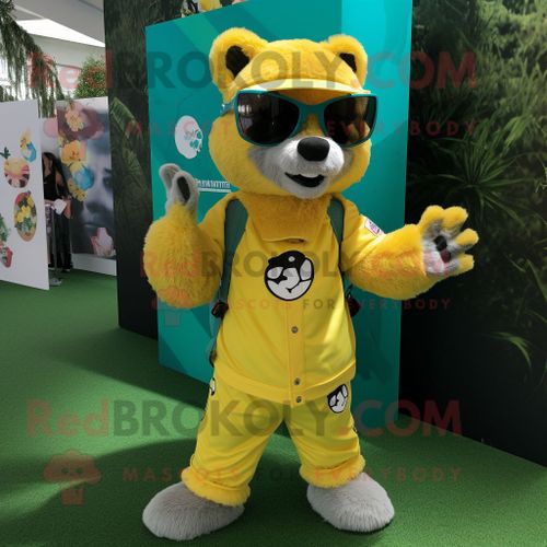 Personnage De Costume De Mascotte Redbrokoly D'ours À Lunettes Jaune Citron Habillé D'une Barboteuse Et De Bracelets
