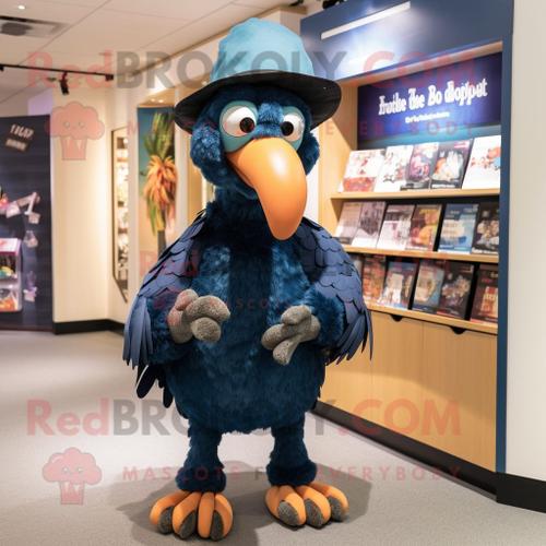 Personnage De Costume De Mascotte Redbrokoly D'oiseau Dodo Bleu Marine Habillé Avec Cover-Up Et Bandeaux