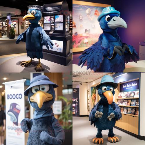 Personnage De Costume De Mascotte Redbrokoly D'oiseau Dodo Bleu Marine Habillé Avec Cover-Up Et Bandeaux
