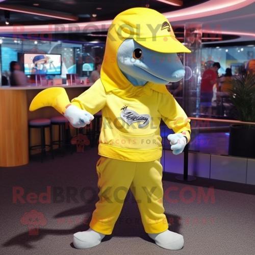 Personnage De Costume De Mascotte Redbrokoly De Dauphin Jaune Citron Habillé D'un T-Shirt Graphique Et De Bérets