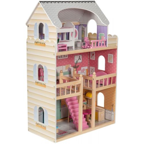 Mamabrum Grande Maison De Poupées En Bois, Éclairage Led 60x30x90 Cm - 3 Étages Terrasse & Accessoires - Ce En71 - Peinture Ecologique Couleurs Pastel