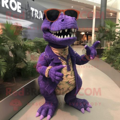 Personnage De Costume De Mascotte Redbrokoly T Rex Violet Habillé D'une Mini Robe Et De Lunettes De Soleil