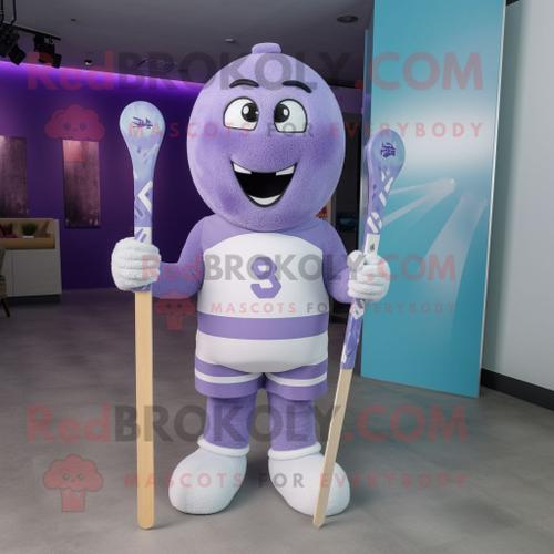 Personnage De Costume De Mascotte Redbrokoly De Bâton De Hockey Sur Glace Lavande Habillé D'un Maillot De Bain Et D'épinglettes