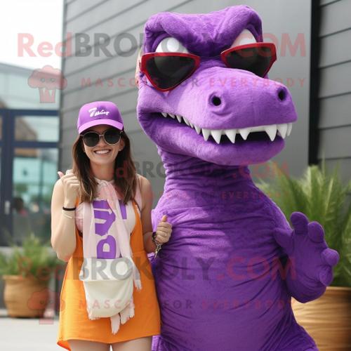 Personnage De Costume De Mascotte Redbrokoly T Rex Violet Habillé D'une Mini Robe Et De Lunettes De Soleil