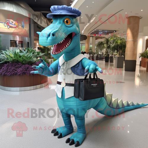 Personnage De Costume De Mascotte Redbrokoly Cyan Spinosaurus Habillé D'un Gilet Et De Sacs À Main