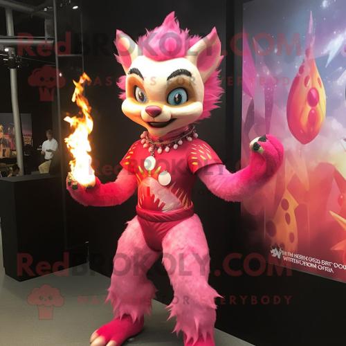 Personnage De Costume De Mascotte Redbrokoly De Cracheur De Feu Rose Habillé D'un T-Shirt Graphique Et De Bracelets