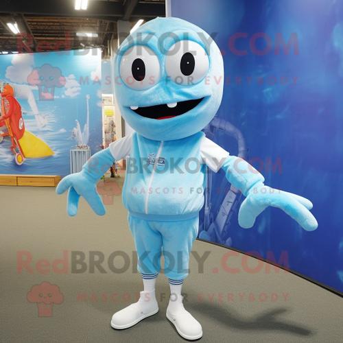 Personnage De Costume De Mascotte Redbrokoly Sky Blue Shrimp Scampi Habillé D'un Jogging Et De Boutons De Manchette