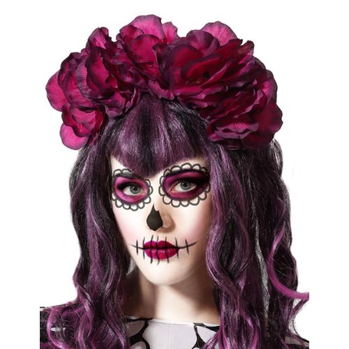 Serre-Tête Grosses Fleurs Roses Dia De Los Muertos Femme