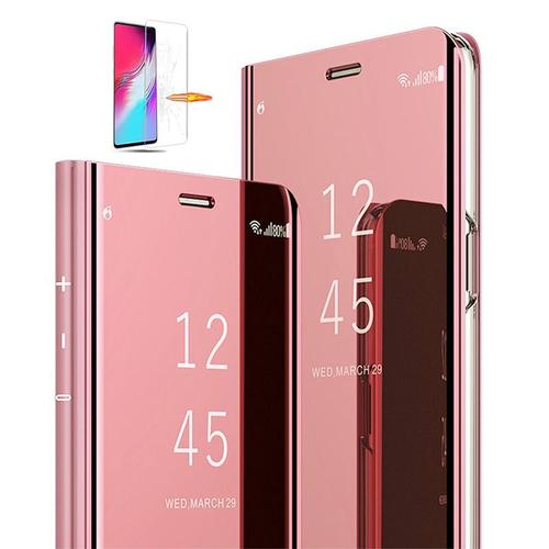 Étui Xiaomi Redmi Note 9 Pro Etui À Rabat Antichoc Coque Xiaomi Redmi Note 9 Pro Miroir Etui Housse Pour Xiaomi Redmi Note 9 Pro Avec Verre Trempé Rose