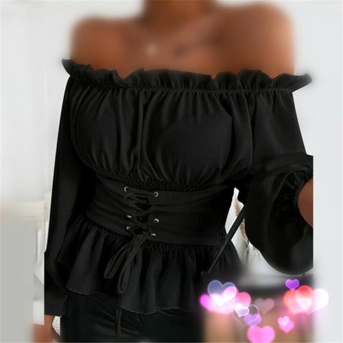 Expédié De Paris - Femmes Rétro Lacet Vintage Blouse Tops Chemisier Hauts Renaissance Gothique Steampunk Victorien Manches Longues Épaule Denudee Corset Medieval Serre Taille