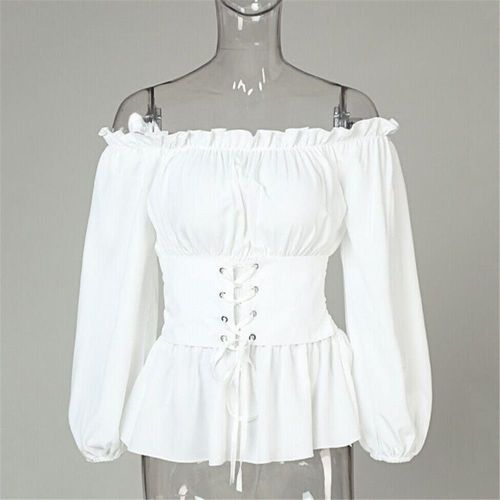Expédié De Paris - Femmes Rétro Lacet Vintage Blouse Tops Chemisier Hauts Renaissance Gothique Steampunk Victorien Manches Longues Épaule Denudee Corset Medieval Serre Taille