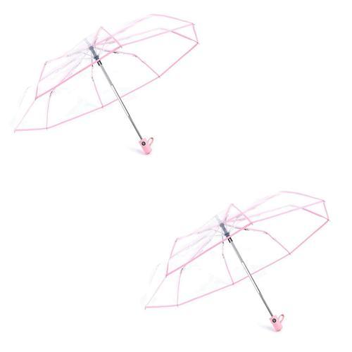 2x Parapluie Transparent Automatique A Pluie Pour Des Femmes Et De Style Pliant Bordure Rose