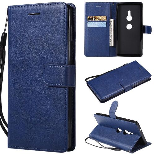 Étui Pour Rabattu Sony Xperia Xz2 Avec Fente Pour Carte Couleur Solide Classique Cuir De Haute Qualité Étui De Téléphone Portefeuille D'affaires - Bleu