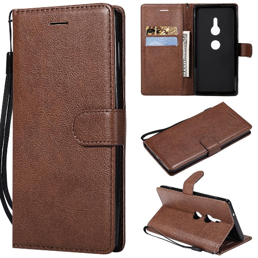 Étui Pour Rabattu Sony Xperia Xz2 Avec Fente Pour Carte Couleur Solide Classique Cuir De Haute Qualité Étui De Téléphone Portefeuille D'affaires - Le Brun