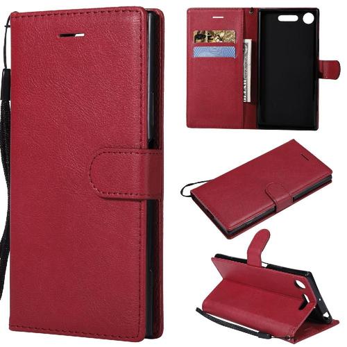 Étui Pour Rabattu Sony Xperia Xz1 Avec Fente Pour Carte Étui De Téléphone Portefeuille D'affaires Couleur Solide Classique Cuir De Haute Qualité - Rouge