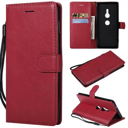 Étui Pour Rabattu Sony Xperia Xz2 Couleur Solide Classique Avec Fente Pour Carte Cuir De Haute Qualité Étui De Téléphone Portefeuille D'affaires - Rouge