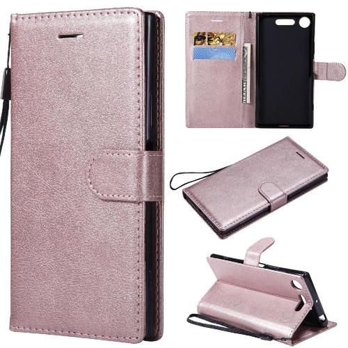 Étui Pour Rabattu Sony Xperia Xz1 Étui De Téléphone Portefeuille D'affaires Couleur Solide Classique Cuir De Haute Qualité Avec Fente Pour Carte - Couleur Rose