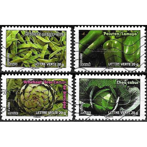 2012, Des Légumes Pour Une Lettre Verte, Beaux Timbres Yvert 745 Haricots Mange-Tout, 747 Poivrons 'lamuyo', 748 Artichaut Gros Camus, 750 Chou Cabus, Oblitérés, Tbe