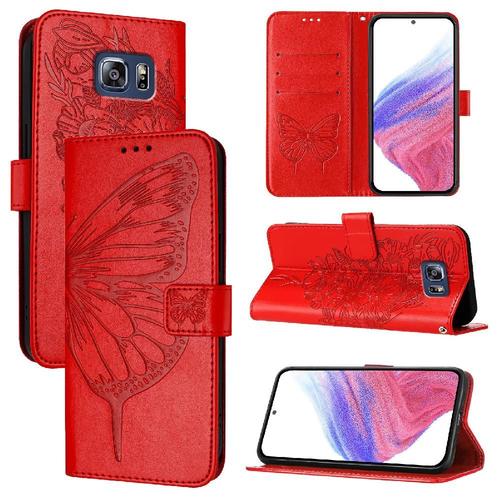 Étui Pour Samsung Galaxy S6 Edge Plus Cuir Premium Couverture Rabotant Gaufrage Papillon Magnétique - Rouge