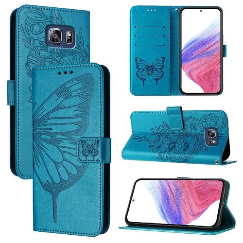 Étui Pour Samsung Galaxy S6 Edge Plus Gaufrage Papillon Cuir Premium Magnétique Couverture Rabotant - Bleu