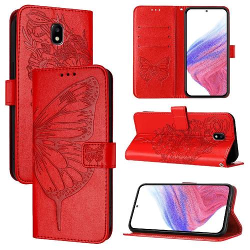 Étui Pour Samsung Galaxy J5 Pro 2017 Gaufrage Papillon Couverture Rabotant Magnétique Cuir Premium - Rouge