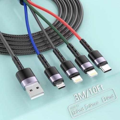 3M/10FT 4 in 1 Multi Charging Cable(Lightning*2+Type C+Micro USB), Multi Charger Cable iPhone, Multiple USB Fast Charging Cord Adapter Compatible with iPhone/Tablets/Samsung/Sony/LG and More