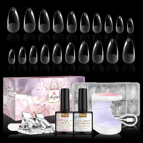 Vernis Semi Permanent Faux Ongles 500pcs Amande Avec Colle À Ongles En Gel Extra Forte 4 En 1 Colle Ongles & Base Gel + Mini Lampe Uv + Déshydrateur Diy Nail Art Kit Complet 