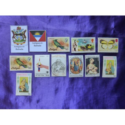 Timbres Antigua Et Barbuda - 10 Très Beaux Timbres Des Années 1970 Et 1990. Divers Thèmes, Noël, Oiseaux...