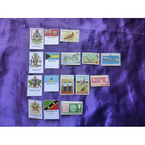 Timbres Bermudes, Bahamas, Sainte Lucie, Saint Kitts & Nevis - 8 Timbres Des Années 1960 Et 1970. Aviation, Poissons, Oiseaux, Histoire...