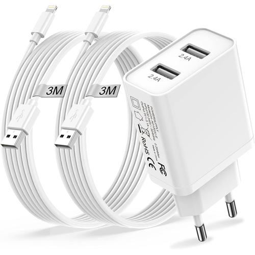 Chargeur Iphone Apple Mfi Certified Et Câble Iphone 3m 2pack,2 Port 12w Prise Chargeur Iphone Rapide Adaptateur Secteur Usb Iphone Et Cable Lightning Pour Iphone 14/13/12/11 Pro Max/Xs/Xr/X/8/Se/Ipad