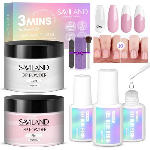 Kit De Trempage Pour Manucure, Séchage Rapide Dip Powder Rose Et Clair, 7ml Liquide Kit Professionel De Dipping Vernis Poudre, Limer Ongle Et Pinceau Pour Réparation D'ongles 