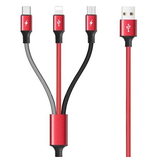 Câble de Charge Multi 4A 1Pack Câble de Charge Rapide USB 3-en-1 avec Ports IP/Type C/Micro USB pour Téléphone 13 12 11 Xs Xr X 8 7 6 SE/Samsung Galaxy S20 10 9/Huawei/Pixel/LG/Xiaomi/tablettes
