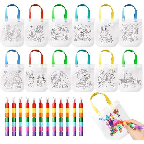 Kit Peinture Enfant, Diy Sac De Peinture Des Enfants, 12 Pcs Sac Coloriage Et 12 Crayons De Couleurs Empilables, Sac Non Tissé Peinture, Sac A Colorier, Pour Des Cadeaux De Fête D'anniversaire