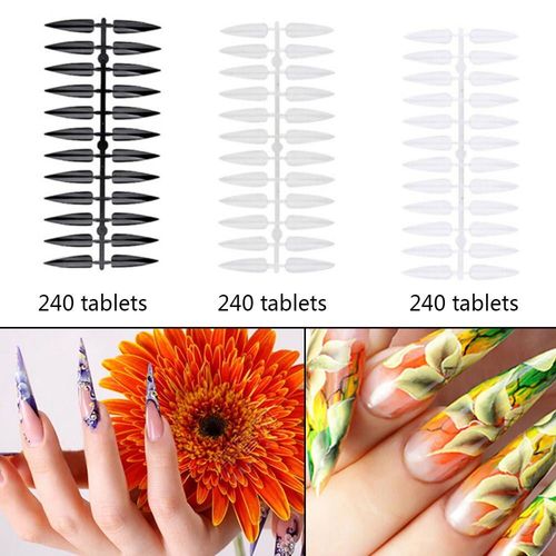 240 Pièces/Ensemble Nail Art Clair Naturel Noir Pointu Fin Stiletto Long Faux Ongles Conseils Manucure Ongles Artificiels Salon 