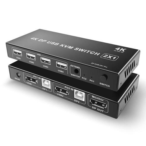DP Commutateur KVM DisplayPort 2 ports 4K@60Hz USB2.0 pour 2 ordinateur portable PC HDTV KVM Bouton Switch avec 2 câbles USB | Interrupteur à bouton | Câble d'alimentation