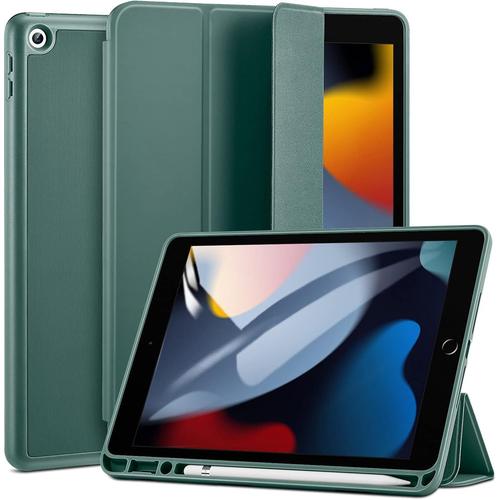 Coque Compatible Avec Ipad 9/8/7 De 10,2 Pouces Sorti En 2021/2020/2019, Coque Avec Porte-Pencil Et Rabat Trifold Pliable Comme Appui D Inclinaison Et Auto Mise En Veille/Réveil D Écran, Vert