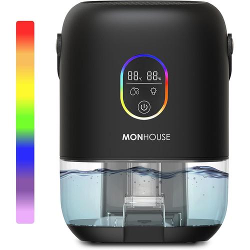 Noir Noir Noir Deshumidificateur - 1000 Ml - Absorbeur D Humidite Electrique Ultra Silencieux - 7 Veilleuses Colorees, 2 Modes De Fonctionnement, Indicateur D Humidite Et De Temperature - Noir