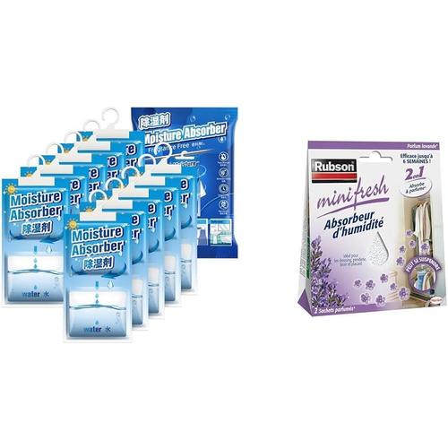 Lot De 10x 248g(2.5kg) Déshumidificateurs D'armoire, Absorbeur D'humidité & Rubson Minifresh | Absorbeur D¿Humidité Parfum Lavande (2 Sachets De 50 G) ¿ Idéal Pour Dressing