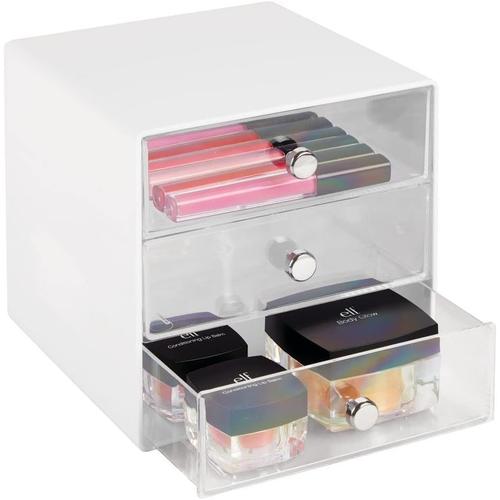 Blanc/Transparent Organiseur De Bureau En Plastique Résistant ¿ Tour De Rangement Pratique Avec 3 Tiroirs Pour Trier Le Maquillage ¿ Boite De Rangement Plastique Chic Avec Poignées Chromées ¿